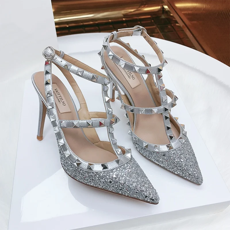 Shoes For Women 2025 Summer Luxury Punk Metal Rivet High Heels Gladiator Pointed Toe Stiletto Sandals Elegant Sexy Party Shoes image 5