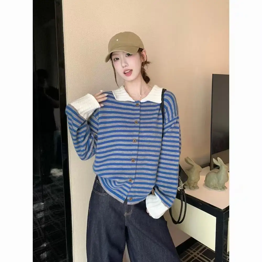 

Autumn Winter Fashion Striped Knitted Cardigan Women's Turn-down Collar Long Sleeve Casual Sweater Beautiful Office Lady Tops