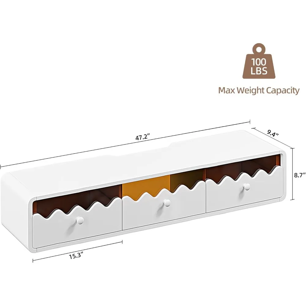 حامل تلفزيون عائم، زجاج مموج مثبت على الحائط مقاس 47 بوصة مع باب وأدراج قابلة للطي، وحدة تحكم ترفيهية حديثة للوسائط
