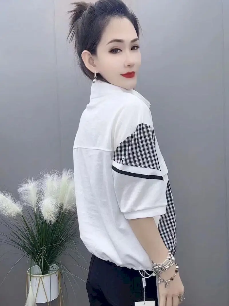Fashion Patchwork T Shirts Women Stand Collar Half Zipper Sporty Style T-shirt Casual Loose Short Sleeve Tops Summer Thin Tshirt