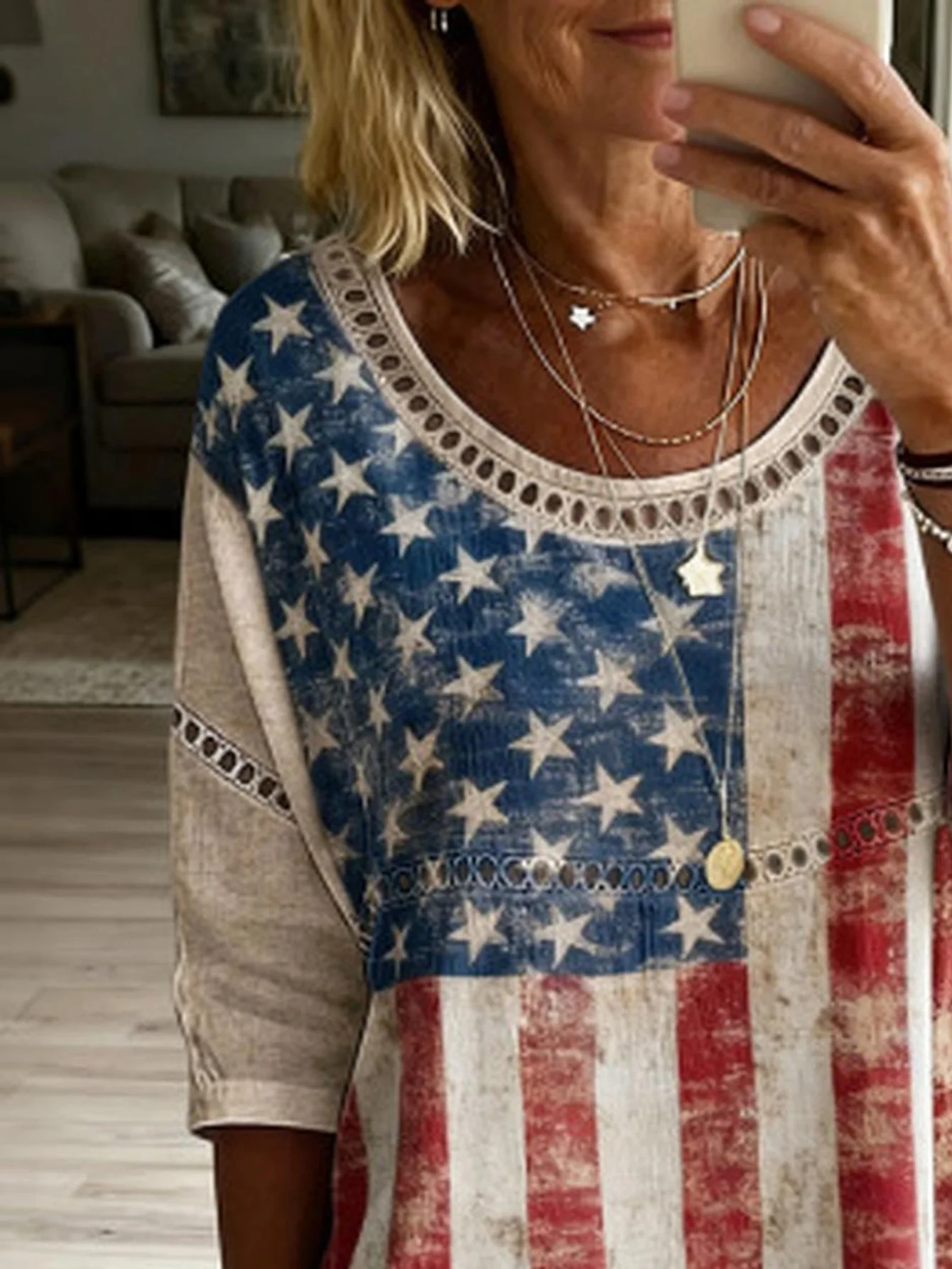 Women Plus Size Shirt 3D American Flag Print Loose Fit Casual Blouse Long Sleeve Tunic Top