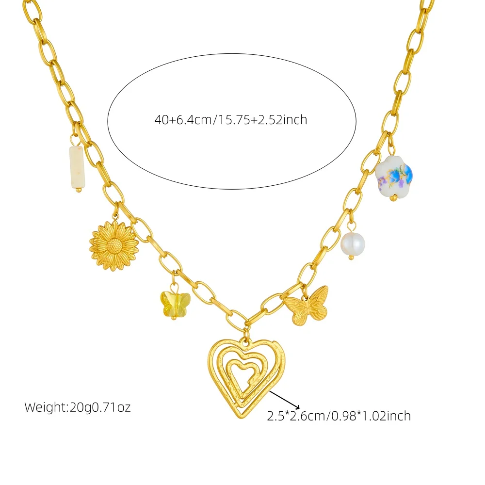 DIEYURO 316L Stainless Steel Flower Butterfly Golden Lines Heart Pendant Necklace For Women New Fashion Neck Chain Jewelry Gift