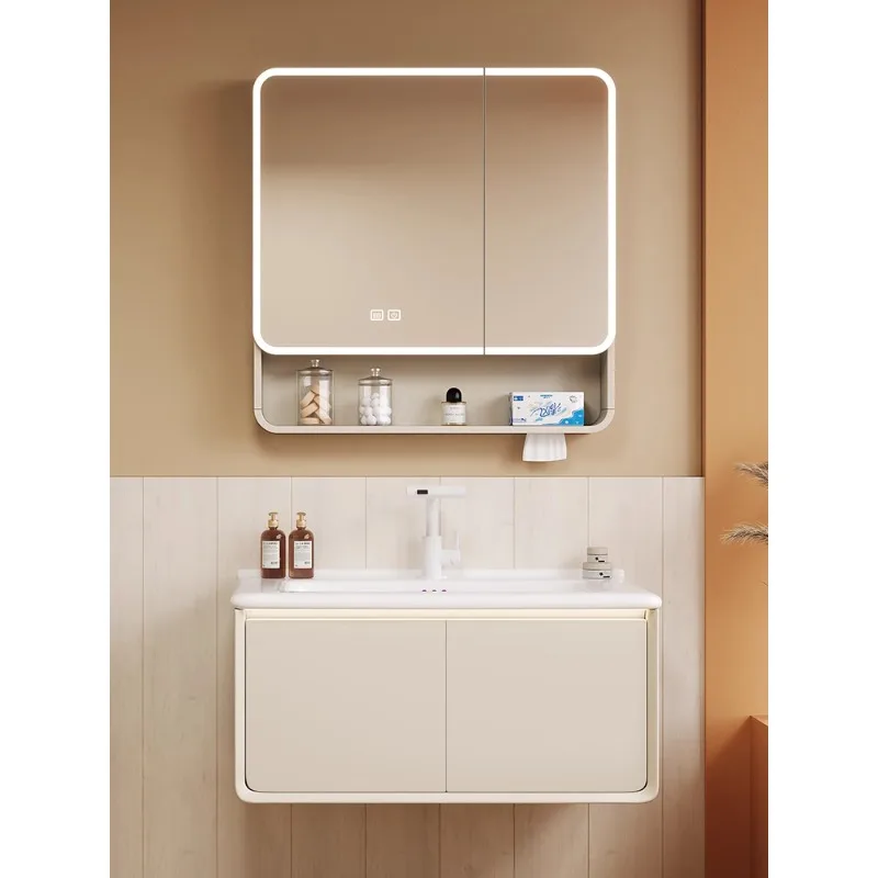 

Arc cream wind bathroom cabinet thickened honeycomb aluminum ceramic integrated basin bathroom washstand washbasin combination