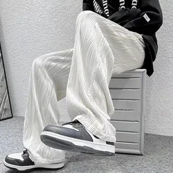 Summer Korean Fashion Simple Ice Silk Wide Leg Pants Men Solid Elastic Waist Pockets Thin High Street Loose Straight Trousers