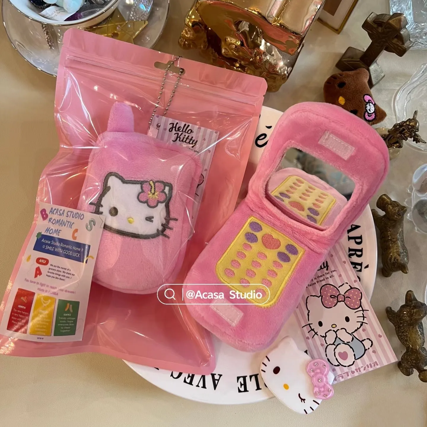 

New Kawaii Hello Kitty Cartoon Embroidered Plush Mobile Phone Pendant Anime Sanrio Girly Heart Cute Portable Mirror Girls Gift