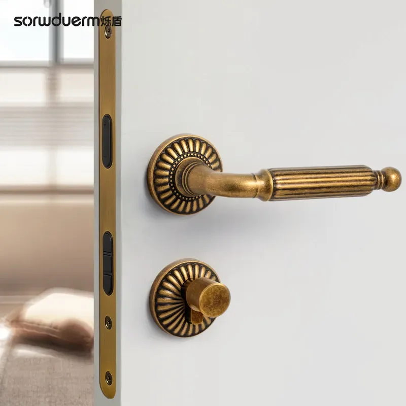 Shuodun Retro Brass Door Lock French Style Indoor Bedroom Handle Silent Magnetic Latch for Wooden Doors American Vintage