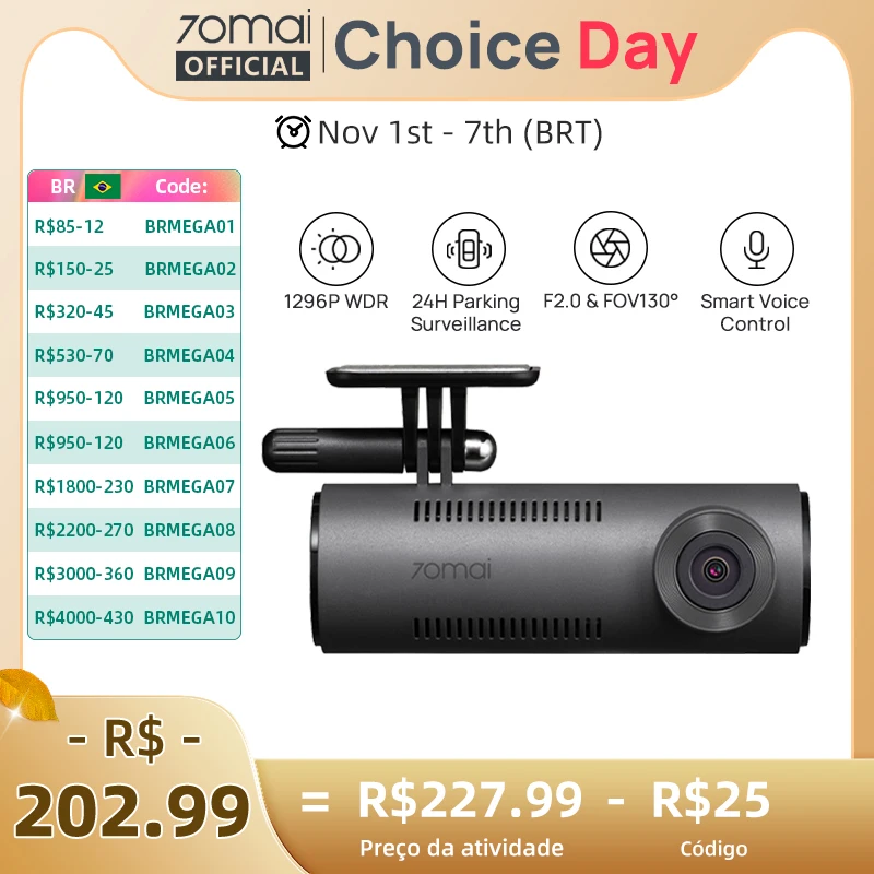 70mai Dash Cam M310 Câmera de carro 1296P Visão noturna 70mai M300 Gravador DVR de carro 24H Modo de estacionamento WIFI e controle por voz por aplicativo
