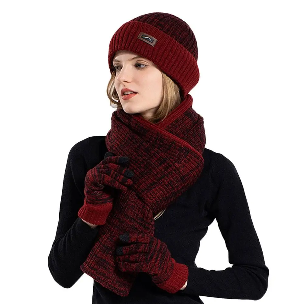 3개 세트 겨울 비니 모자 스카프 여성 남성용 터치스크린 장갑 따뜻한 니트 플리스 안감 스카프 귀 보호 울 비니