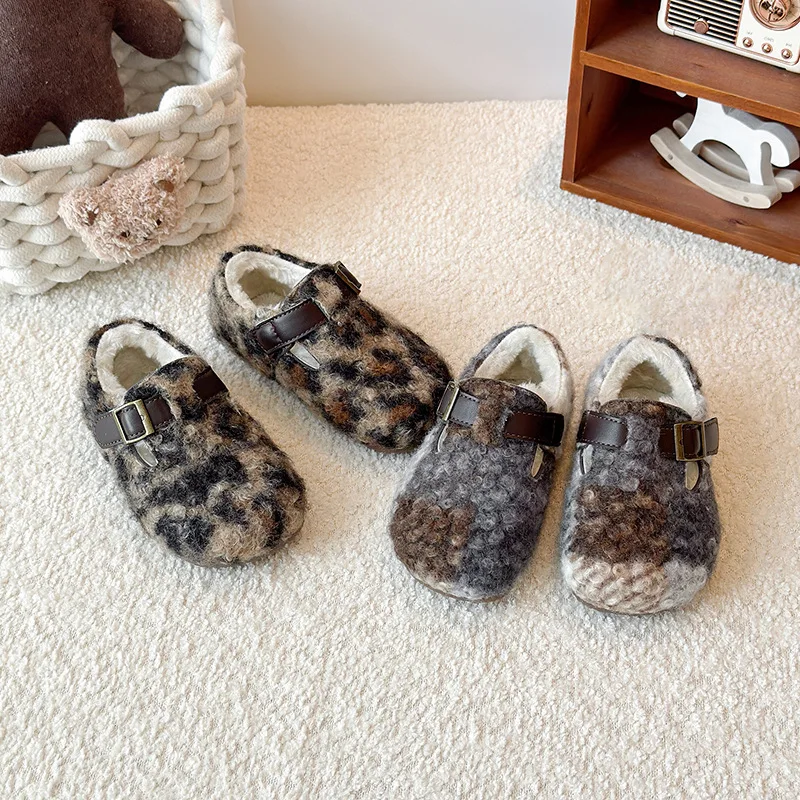 

Boys Girls Warm Non-slip Cotton Shoes Winter New Velvet Warm Shoes Fashion Thickened Flats Shoes Size 23-34