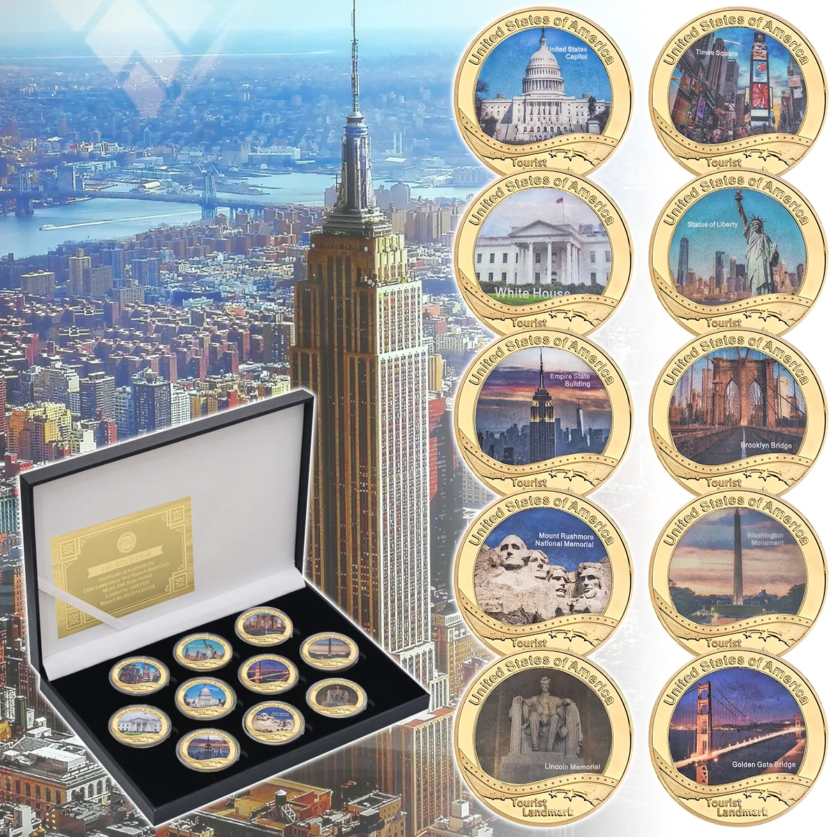 

10pcs US Landmark Gold Challenge Coins Gift Box Set American Tourism Commemorative Coins Birthday Christmas New Year Party Gifts