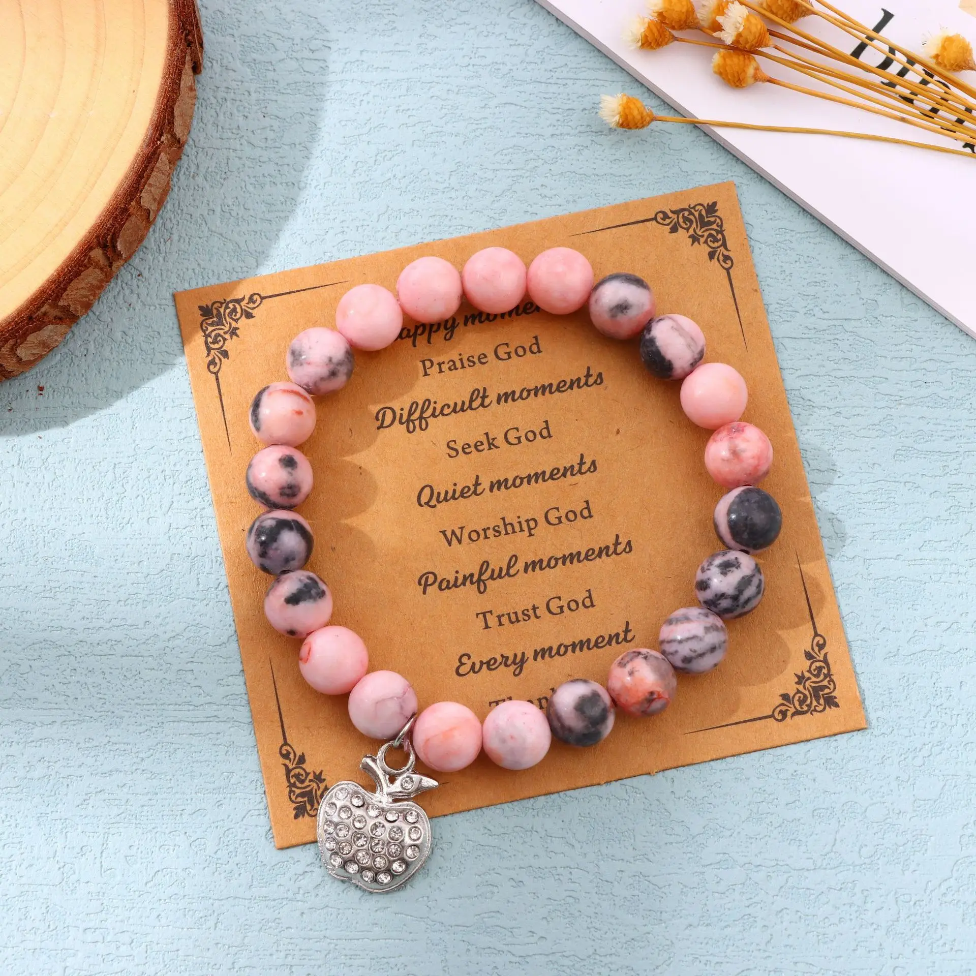 Cross-border 8mm natural stone powder zebra beaded bracelet with diamond apple accessories elastic rope bracelet wholesale anti-