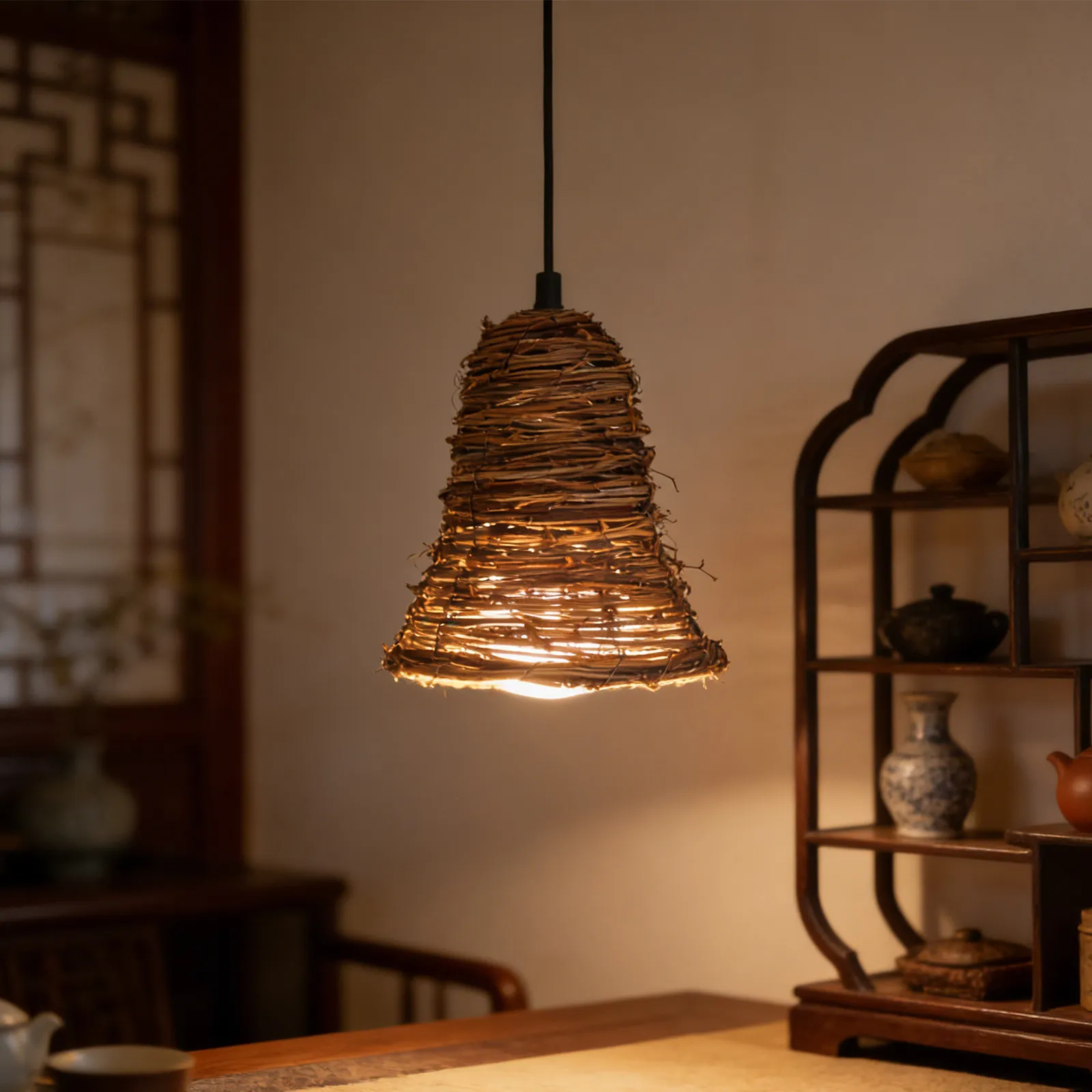 Rattan Lamp Shade Small Bell Pendant Light Cover 6.69x5.12x5.12in Handmade Vintage Farmhouse Wicker Bulb Guard Replacement Table