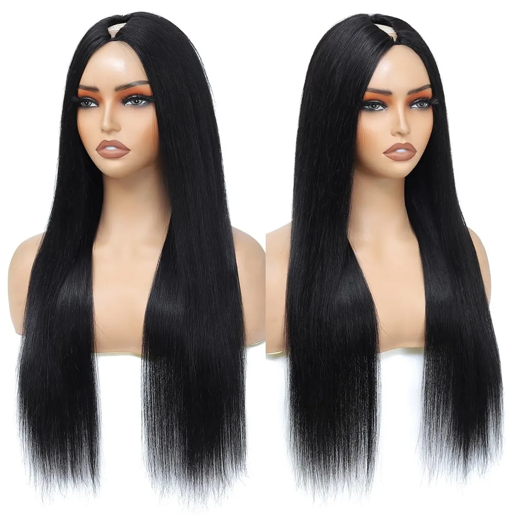 V parte perucas de cabelo humano 100% em linha reta perucas de cabelo humano sem deixar para fora sem costura sem cola 200 densidade natural preto iniciante amigável