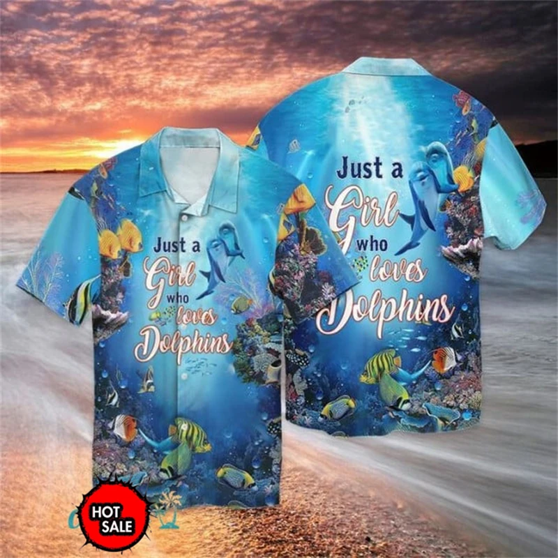 Cool Ocean Dolphin Pattern Aloha Shirt For Men 3D Printed Sea Animal Short Sleeve Button Blouse Loose Lapel Hawaiian Shirts Tops