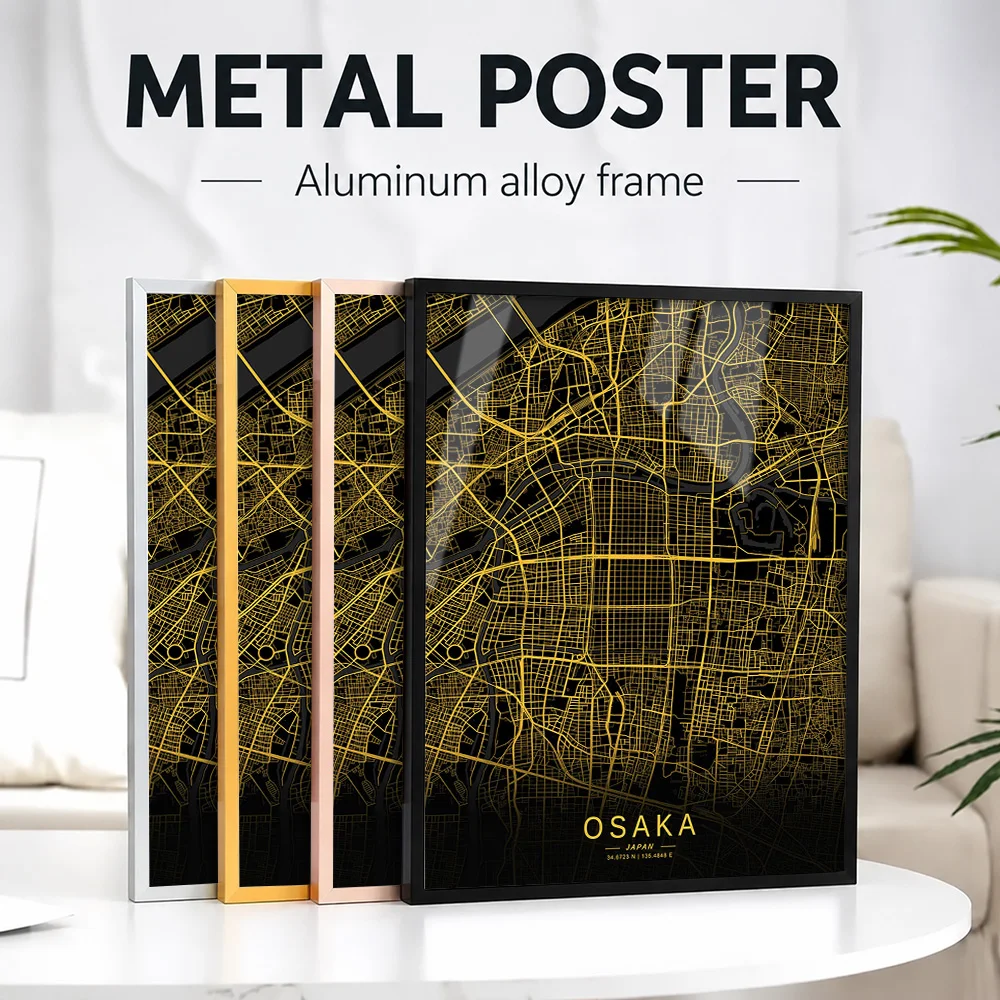 Golden Osaka City Map Metal Poster With Aluminum Alloy Frame Personalized Photo Classic Transit Style Wall Art For Living Room