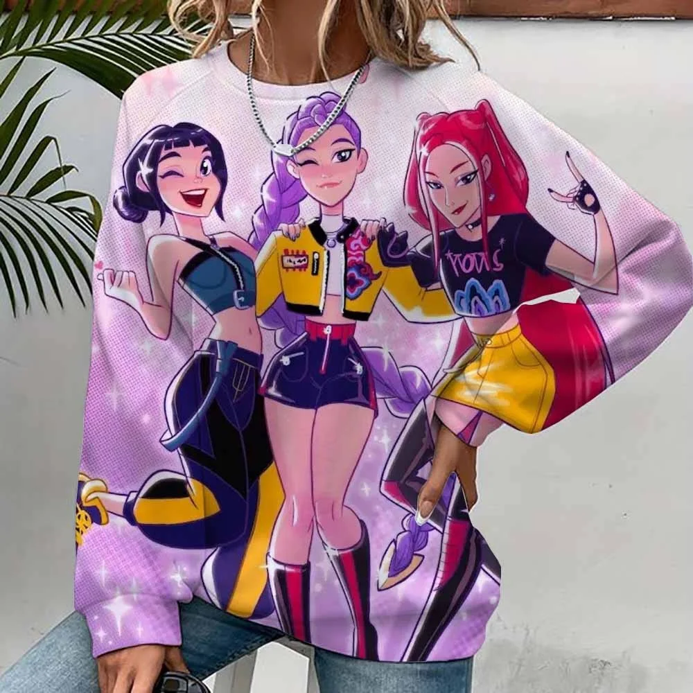 موضة جديدة طويلة الأكمام الجولة الرقبة أنيمي K-Pop شيطان الصيادين مطبوعة هوديي البلوز الشارع ارتداء المرأة البلوز هنتركس kpop