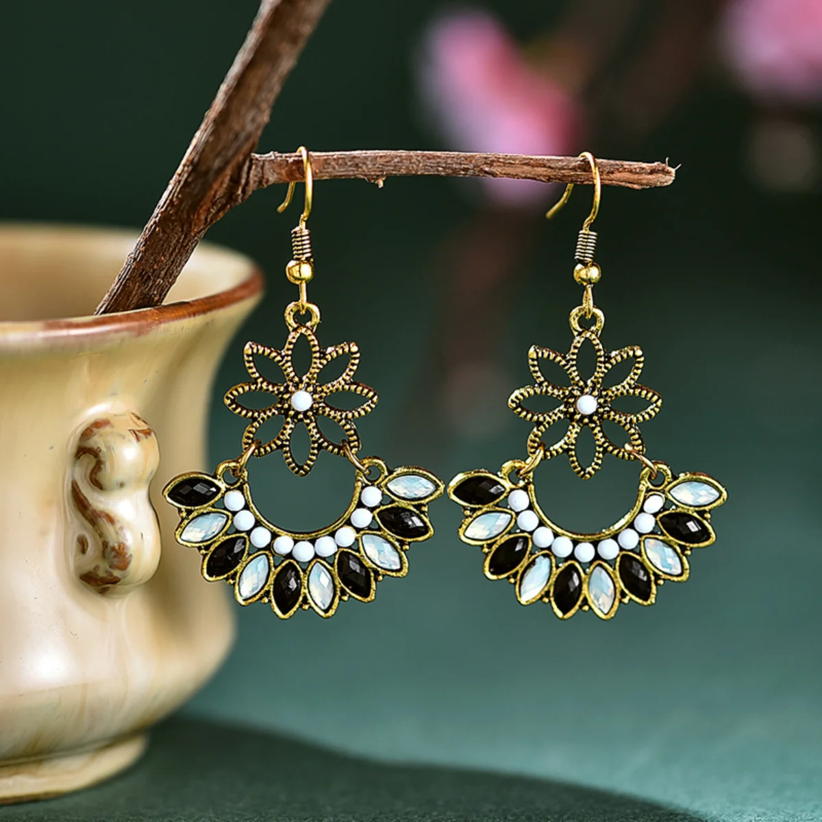 Ethnic Creative Fan Earrings Female Mixed Color Simple Wind Small Flower Inset zirconia Retro Ear Accessories personality charm