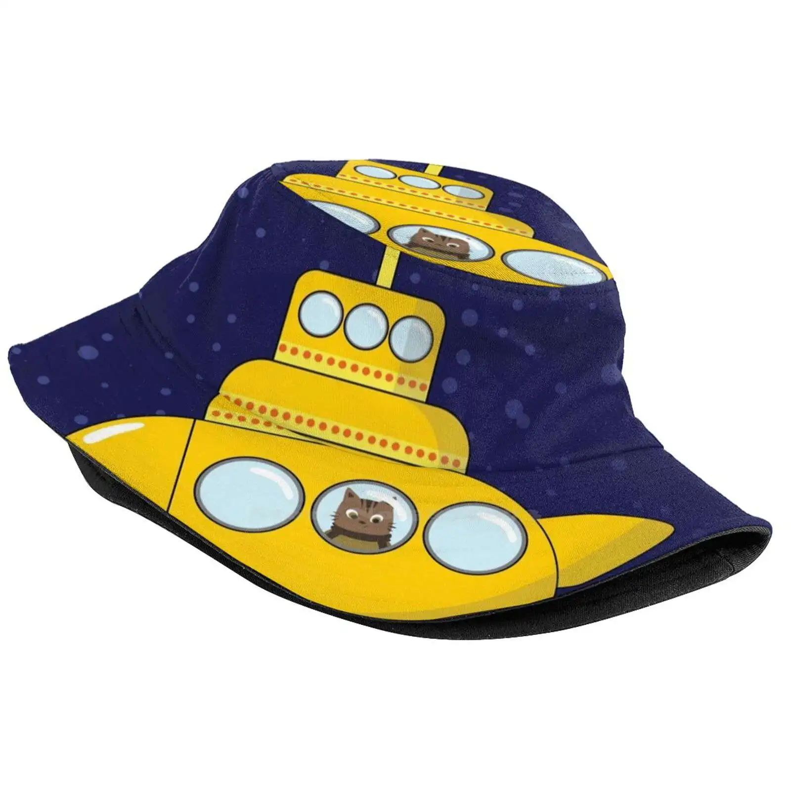 In Deep Ocean Foldable Panama Bucket Hat Cap Dark Blue Deep Ocean Cat Cartoon Nursery Baby Kids Child Toddler Toy Submarine