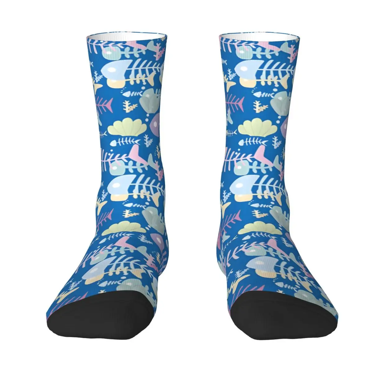 Retro Fish Bone Under Sea Blue Pattern Men's Socks Unisex Novelty Seamless Printed Happy Crew Sock Gift