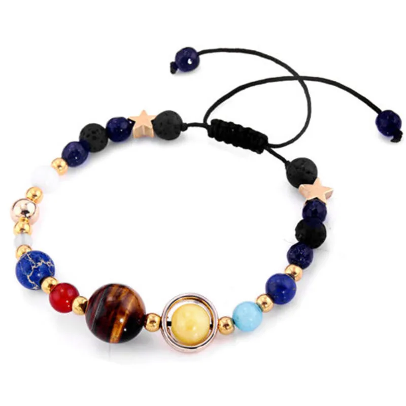 1 Stück Cosmic Galaxy Sonnensystem-Armband für Damen und Herren, Naturstein, Kunstharz, Sternperlen, neun Planeten, Armband, verstellbarer Armreif