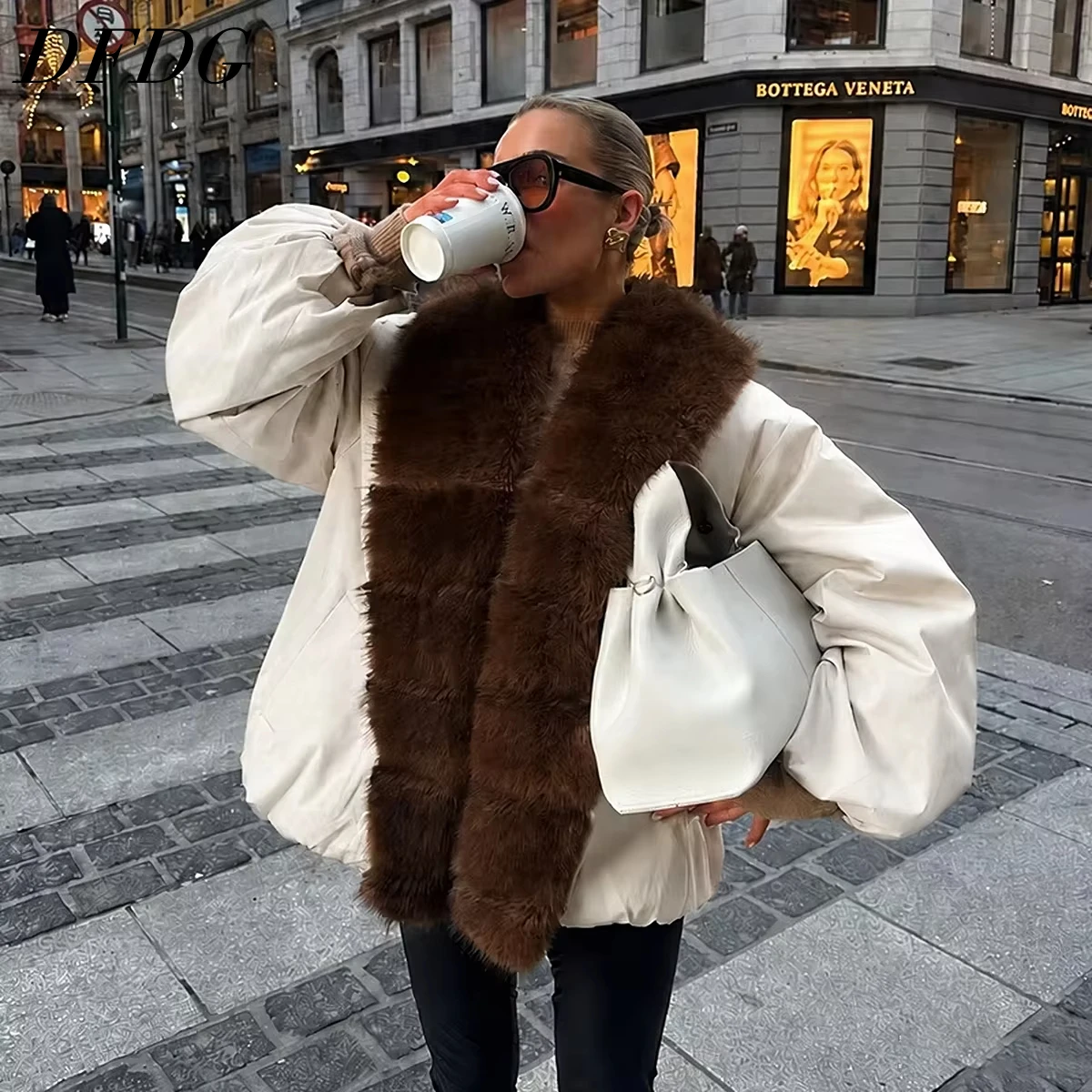 DFDG Women Oversized Puffer Jacket Wide Faux Fur Shawl Collar Balloon Sleeve Loose Warm Winter Outerwear Urban Street Daily Look