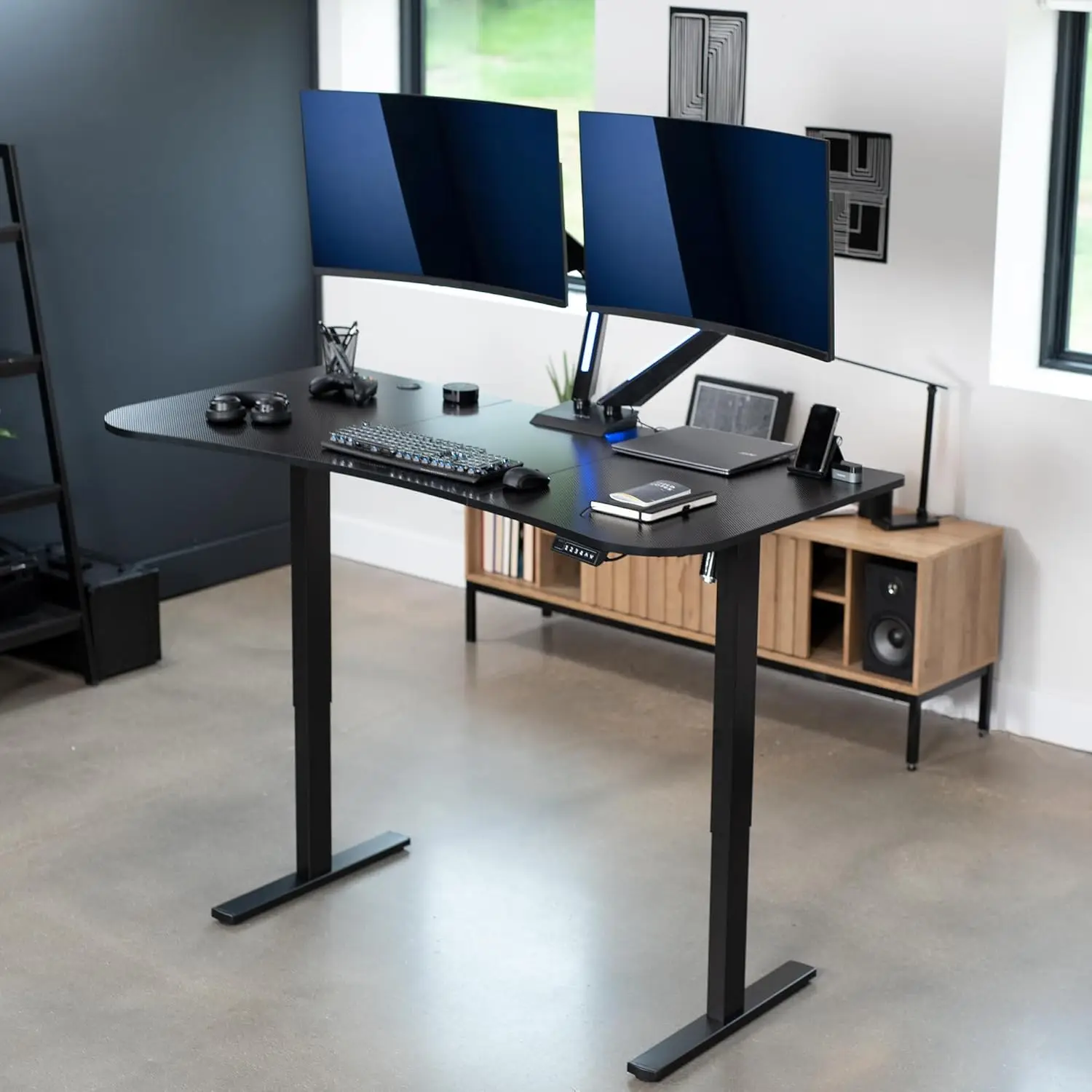 63 x 32 inch upright desk, desktop workstation, storage controller height adjustment, black carbon fiber top, black frame