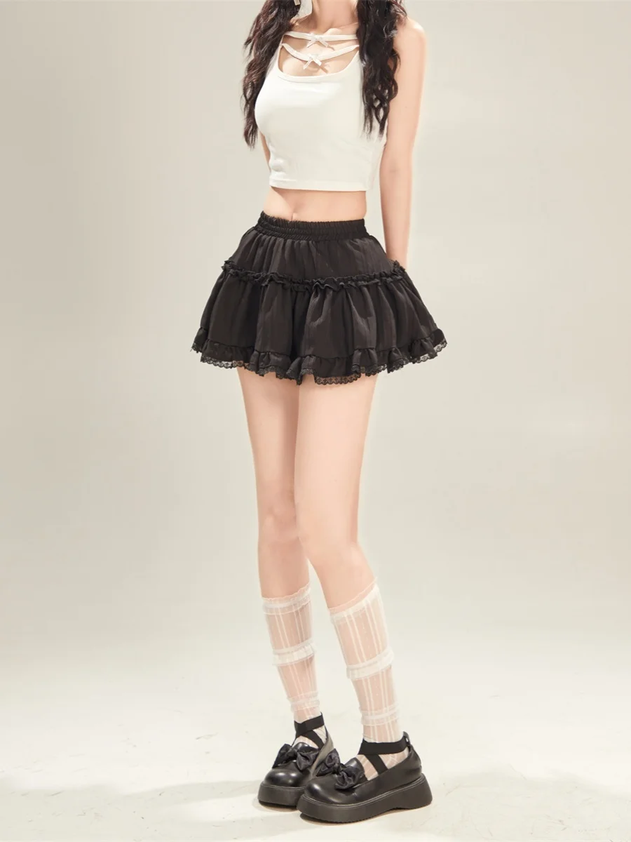 Black Lace Trim High Waist Puffy Half Skirt for Women Korean Style Spring Autumn Slimming Short Skirt A-Line  Skirt