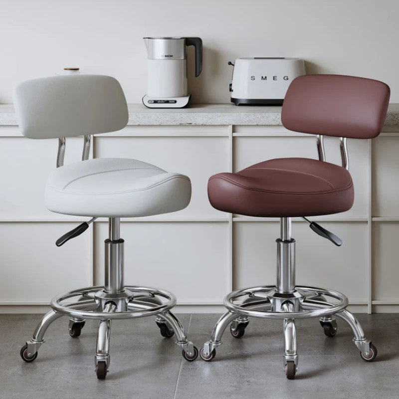 Portable PU Leather Saddle Stool Mobile Lift Salon Stools Beauty Salon Backrest Seat Professional Hairdressing Stool with Wheels
