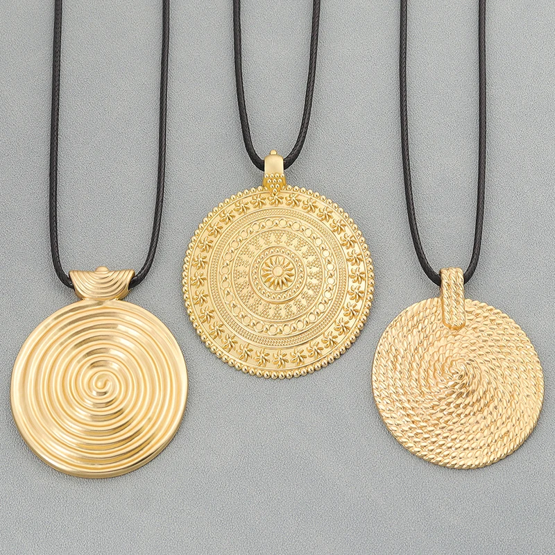 

1pc Matte Gold Color Large Spiral Vortex Infinite Pattern Fashion Necklace On Long Wax Rope Chain Jewellery
