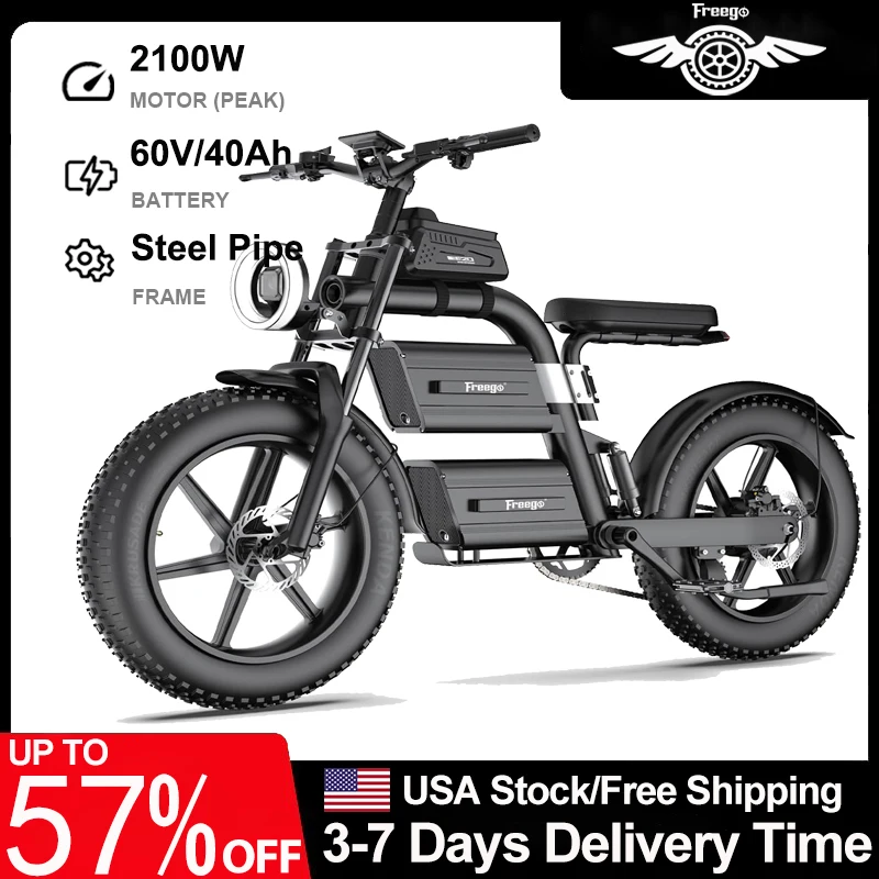 

Электрический велосипед FREEGO для взрослых, 2100 Вт, пик, 40 Ач, двойная батарея, 37 миль в час, внедорожный электрический мотоцикл с толстыми шинами и полной подвеской