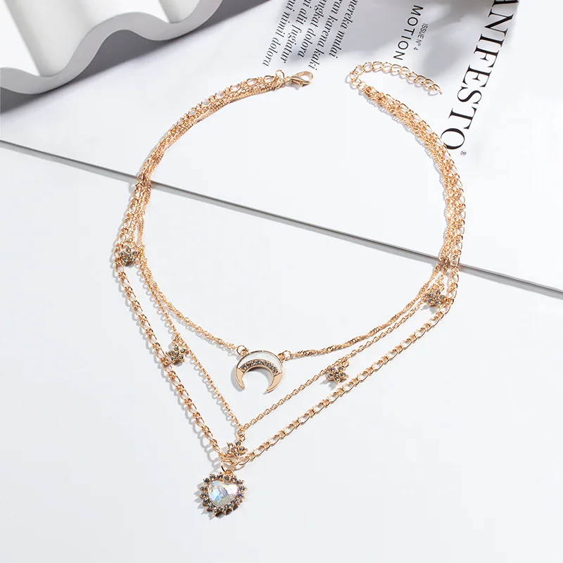 Multi Layer Gold Color Alloy Necklace Heart Moon Star Pendant Necklace Layered Synthetic Diamond Star Moon Choker Necklace For W - view 5