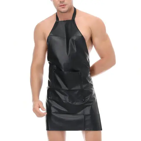 Mannen Cosplay Dienaar Kostuum Sexy Lingerie PU Lederen Jarretel Halterneck Rok Schort Pocket Club Party Open Kruis Nachtclub