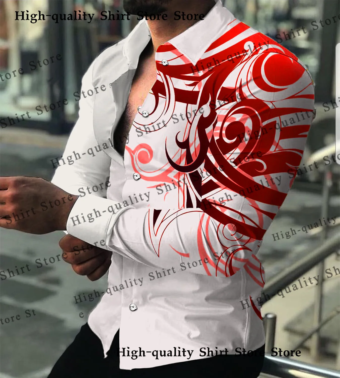 

Geometric leisure vacation comfortable long sleeved shirt with lapel buttons men's clothing fashionable street men's shirt