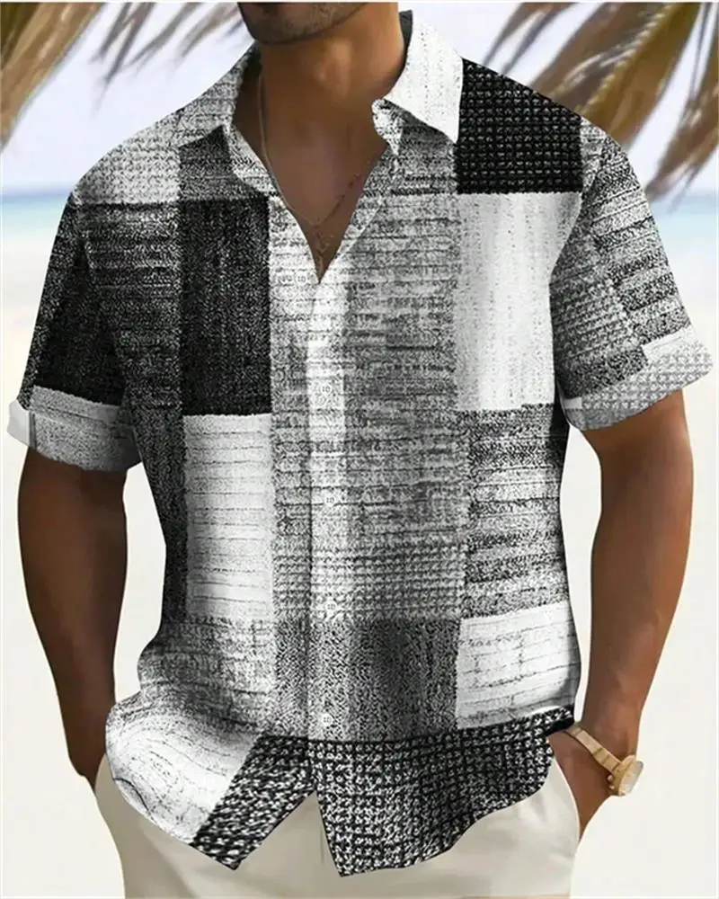 2024 Men\'s Color Block 3D Printed button-down Lapel Short Sleeve Shirt Large Size 5XL High quality Hawaiian Beach shirt Top