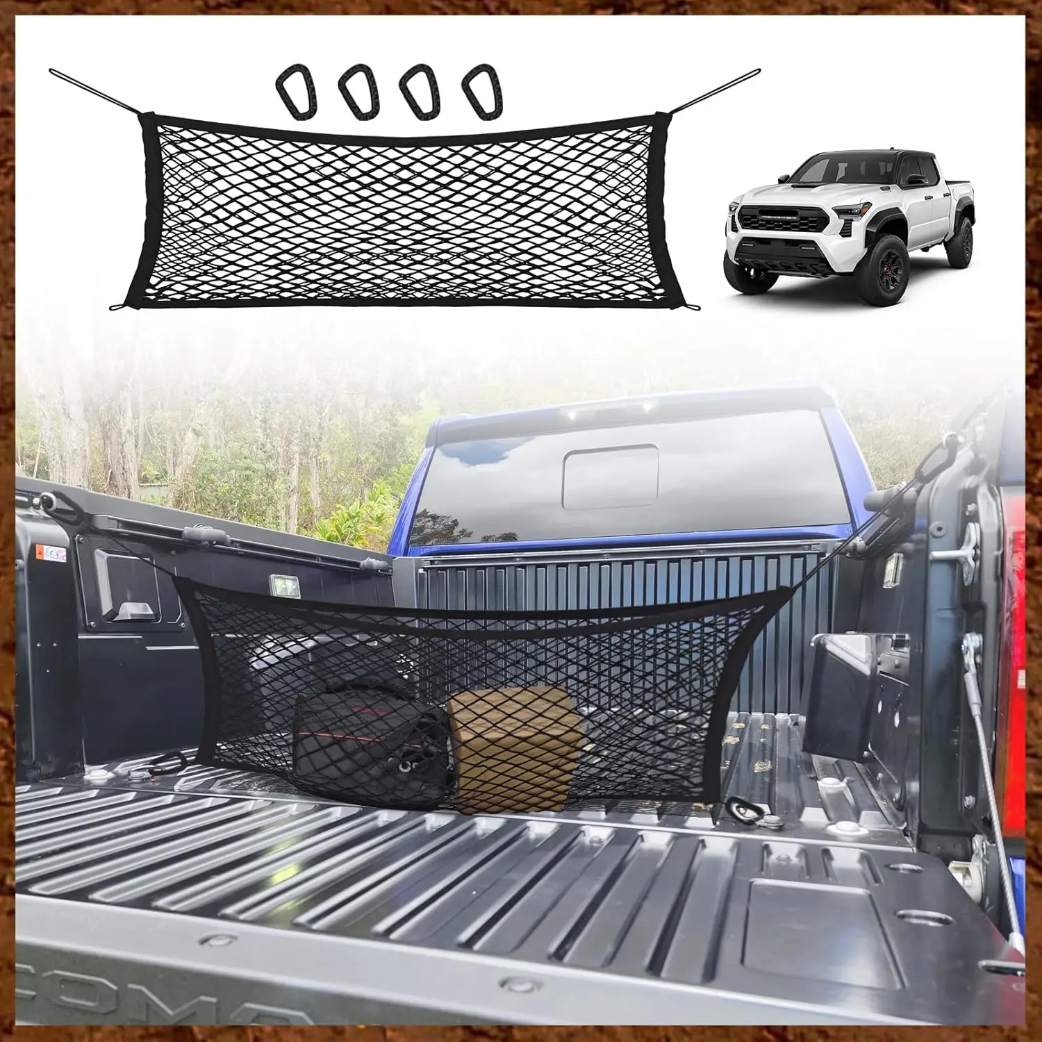 

2024-2025 Toyota Tacoma Truck Bed Cargo Net - Heavy-Duty Envelope Organizer with Metal Hooks & Reinforced Rope,No-Drill Anti-Sag