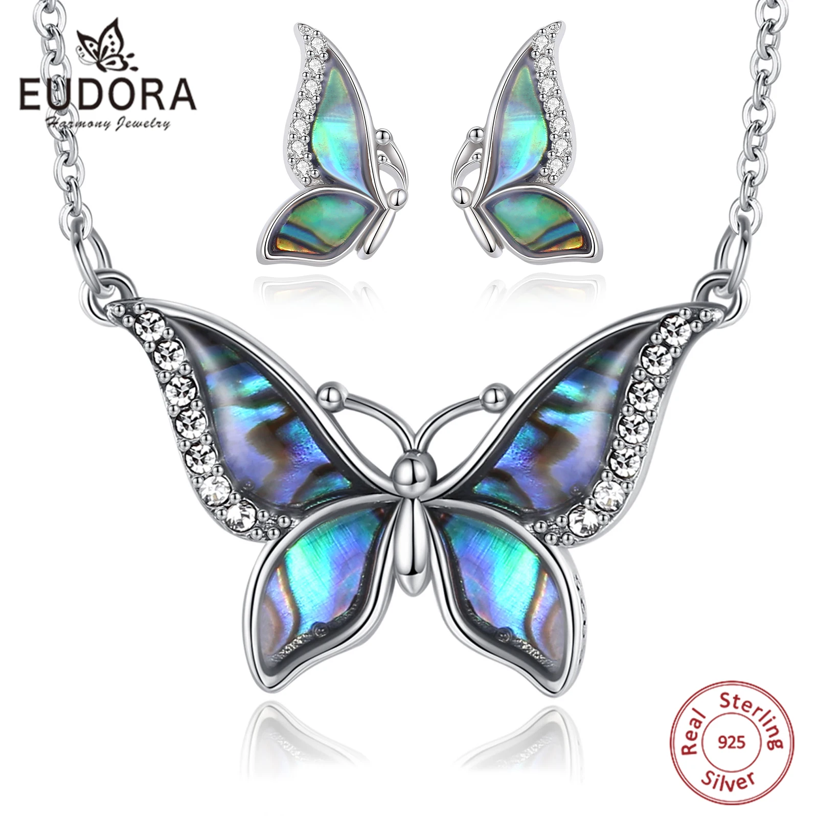 sterling silver butterfly jewelry conjunto para mulheres colar colorido e brincos natural abalone shell presente eudora 925 01