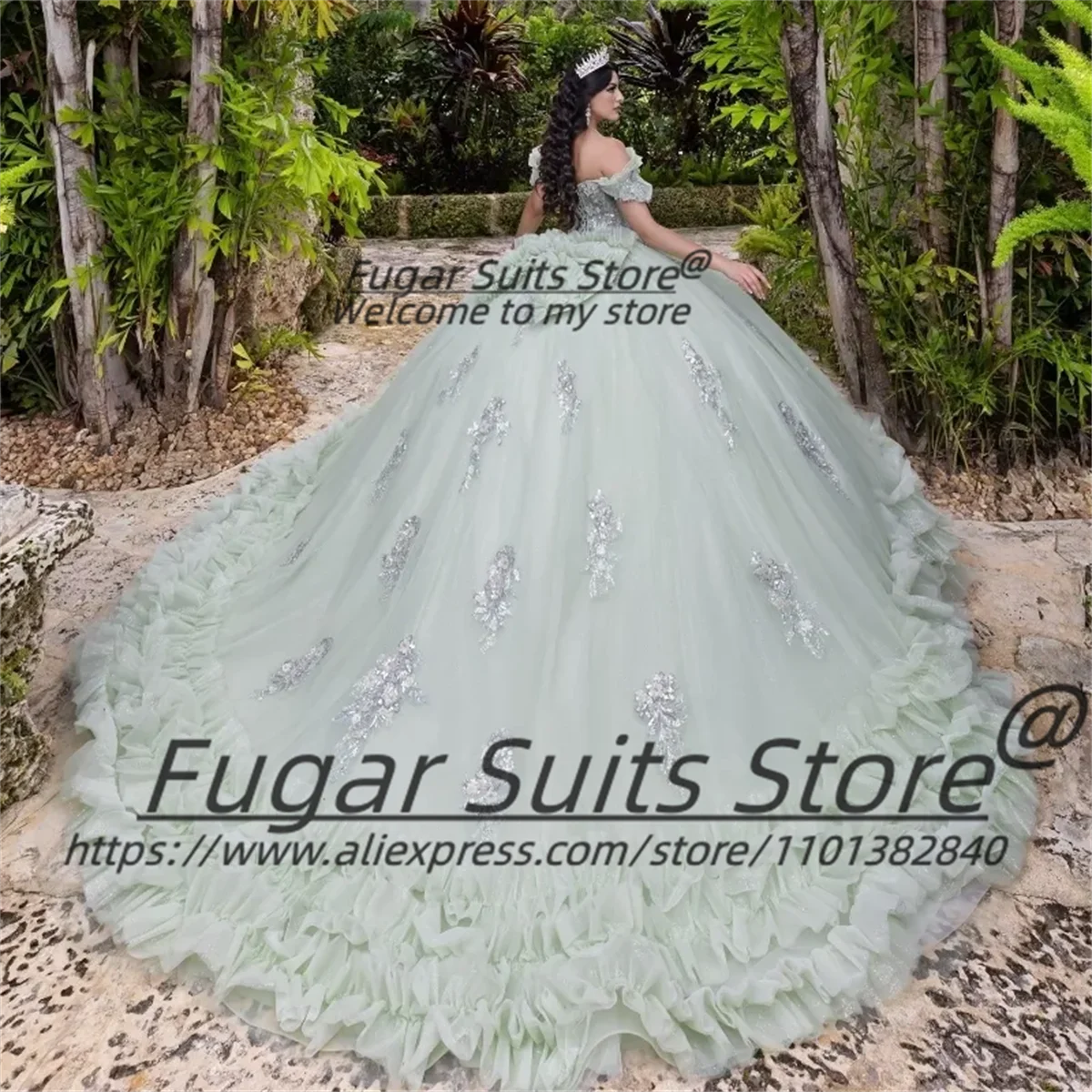 Light Green Glitter Ball Gown Quinceanera Dresses Off The Shoulder Appliques Lace Beads Tull Tiered Sweet 16 Vestidos De 15 Anos