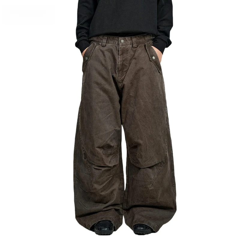 

Retro Distressed Cargo Pants Mens Pocket Washed Solid Color Casual Baggy Wide Leg Pleated Trousers Man