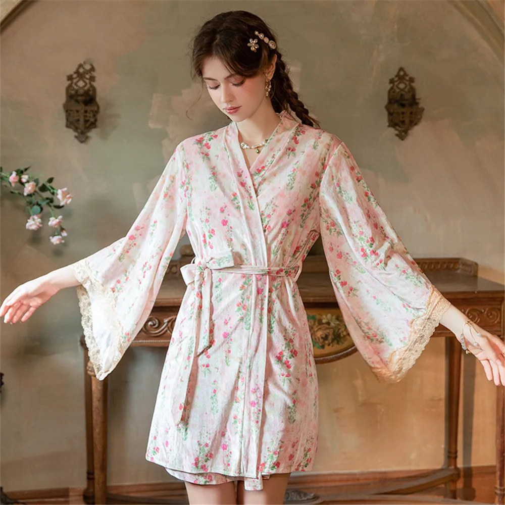 

Autumn Winter Print Floral Velvet Twinset Robe Set Female Kimono Bathrobe Sexy Backless Nightgown Loose Velour Homewear