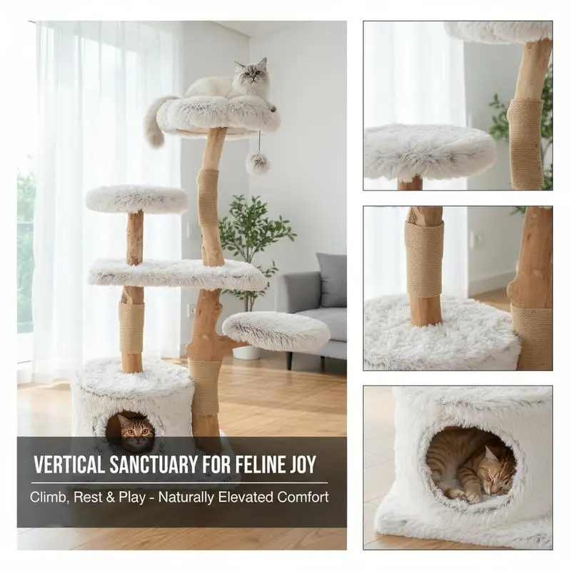 Arbre à chat moderne de 53 pouces de hauteur, en bois avec branches naturelles et poteaux à gratter en jute - Blanc