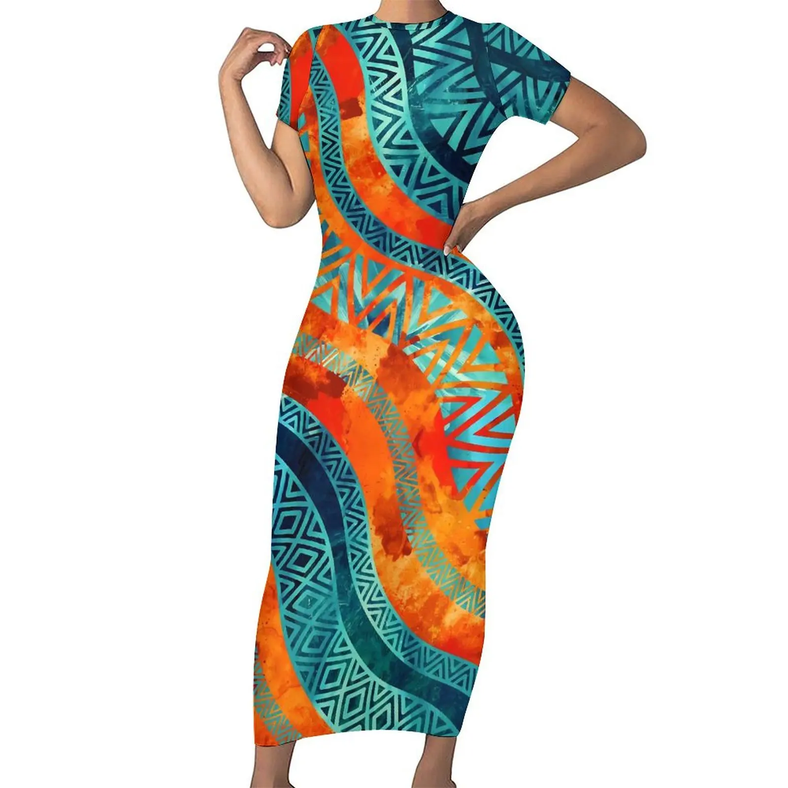 Vestido Bodycon ondulado étnico tribal, vestidos maxi com estampa vintage boho, design feminino de manga curta, Street Wear, tamanho grande, verão