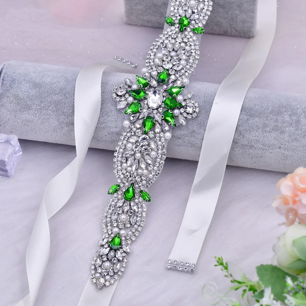 TRIXY S84 Bridal Decorative Belt for Invited Wedding Party Evening Dress Accessories Female Women Silver Rhinestones Emerald