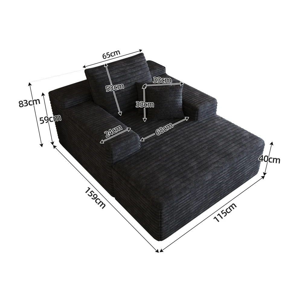 Multifunctional Sofa，115*159Cm,Comfortable Corduroy Sofa,With Deep Seating, Chaise Lounge, Boneless Modular Sofa, Sponge, No Assembly Required,Compression Sofas for Living Room, Bedroom, Apartment,Black