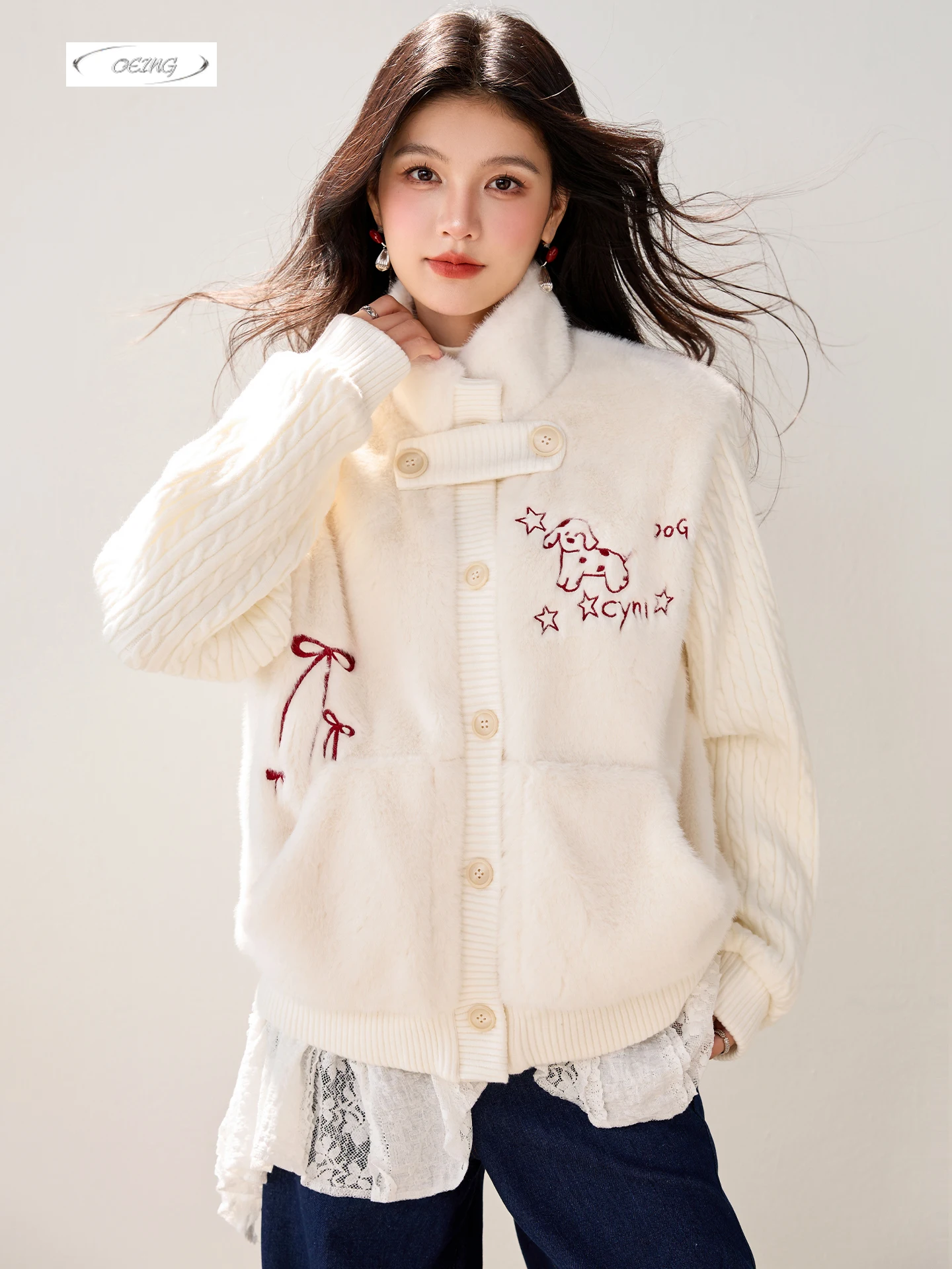 

Fashion Sweet Spliced Thick Off-white Knitted Cardigan Coat Sweater for Women Autumn Winter Elegant Loose Chic Warm Tops 6055