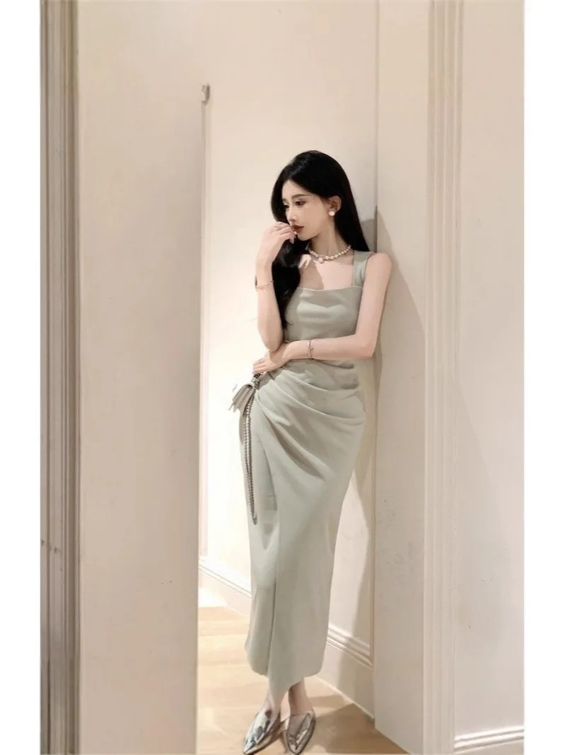 Vestidos ajustados para mujer, Club, arena polarizada, doble correa, cambio básico esencial, corte Boxy, diseño de popelina, forro adornado, deshuesado