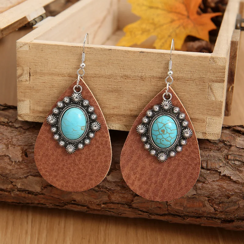 Western turquoise leather earrings, water drop turquoise metal earrings retro simple brown leather earrings