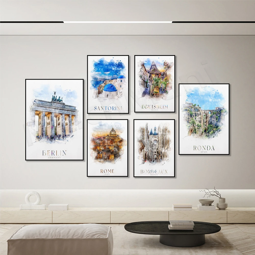 Rome Italy  Barcelona  Bordeaux  Gordes France  Berlin  Seville  Madrid  Athens  Ronda Spain  Santorini watercolor travel poster