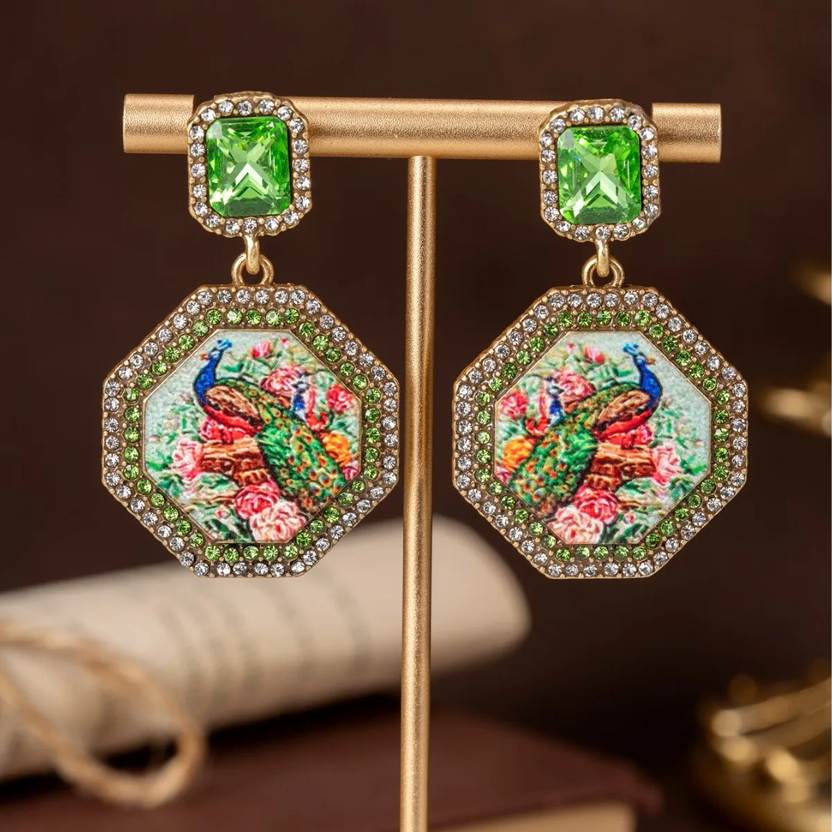 Medieval Vintage Octagonal Inlaid Peacock Bird Mural Earrings Heavy Industry Temperament Light Luxury Style Medieval Earrings