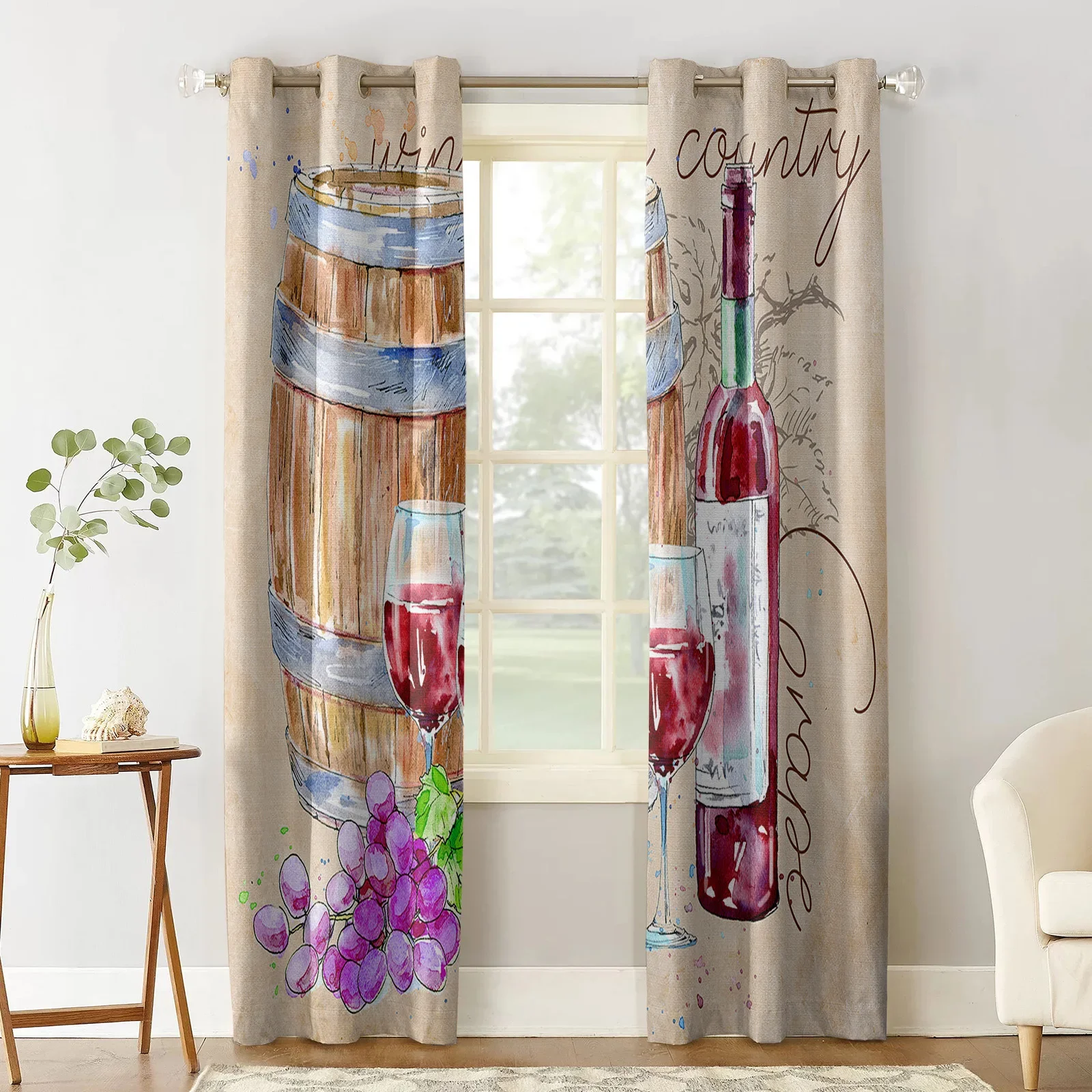 Summer Autumn Wine Barrel Vintage Curtains for Living Room Window Panels Bedroom Kitchen Drapes Home Decor Window Curtain