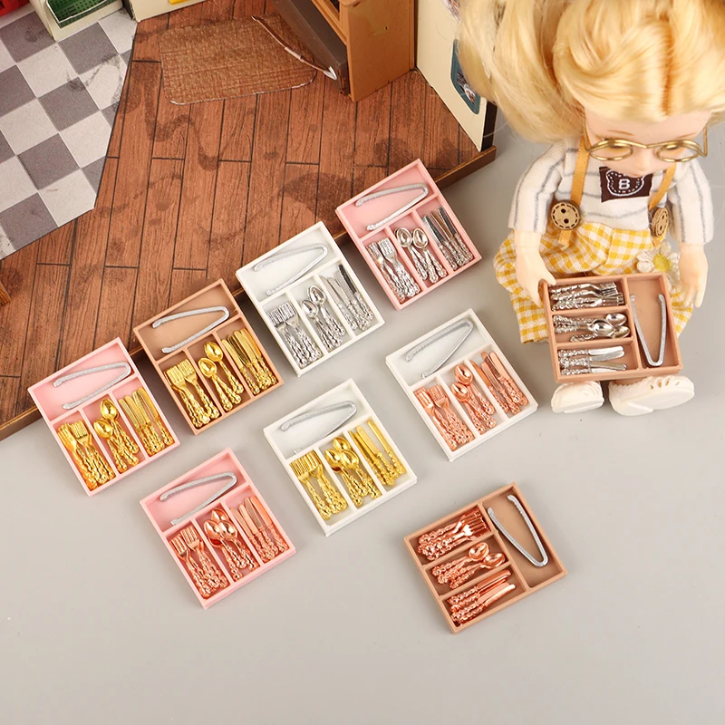 1Set 1:12 Poppenhuis Mini Mes Vork Lepel Clips Servies Met Opbergdoos Poppenhuis Keuken Benodigdheden Gebruiksvoorwerpen Decor Accessoires